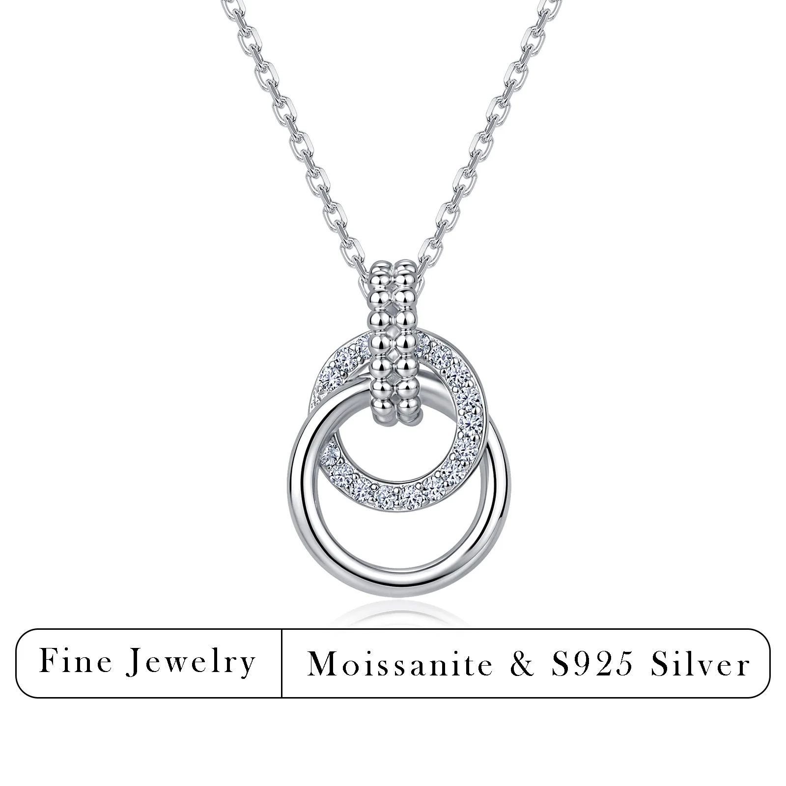 0.2CTW Interlocking Double Circle Moissanite Necklace S925 Silver Bead Clasp Two Rings Pendant Women Valentine Wedding Jewelry