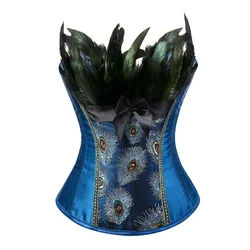 Peacock Feather Corsets Bustiers Top Sexy Satin Overbust Corset Ladies Halloween Big Size Black Blue korsett