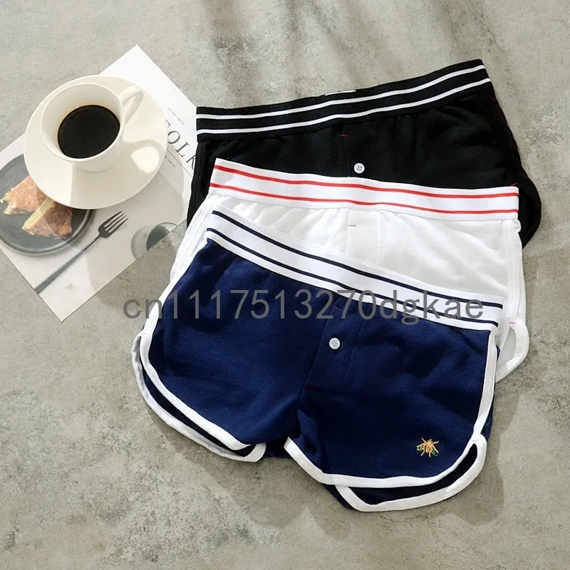 Men Cotton Boxer Shorts Bee Embroidery Striped Elastic Waist Button Fly Loose Sleep Shorts Soft Breathable Male Home Underpants