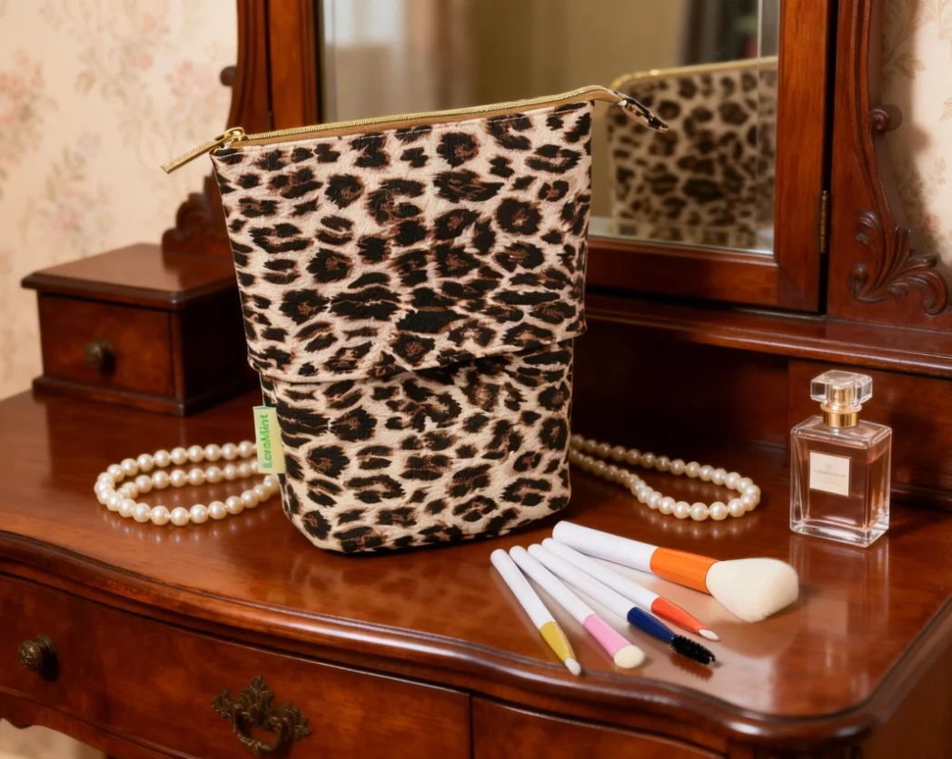 Stand-Up Adjustable Height Cosmetic Organizer Makeup Brush Holder & Travel Bag – Brown Leopard print with 5-Piece Brush Set