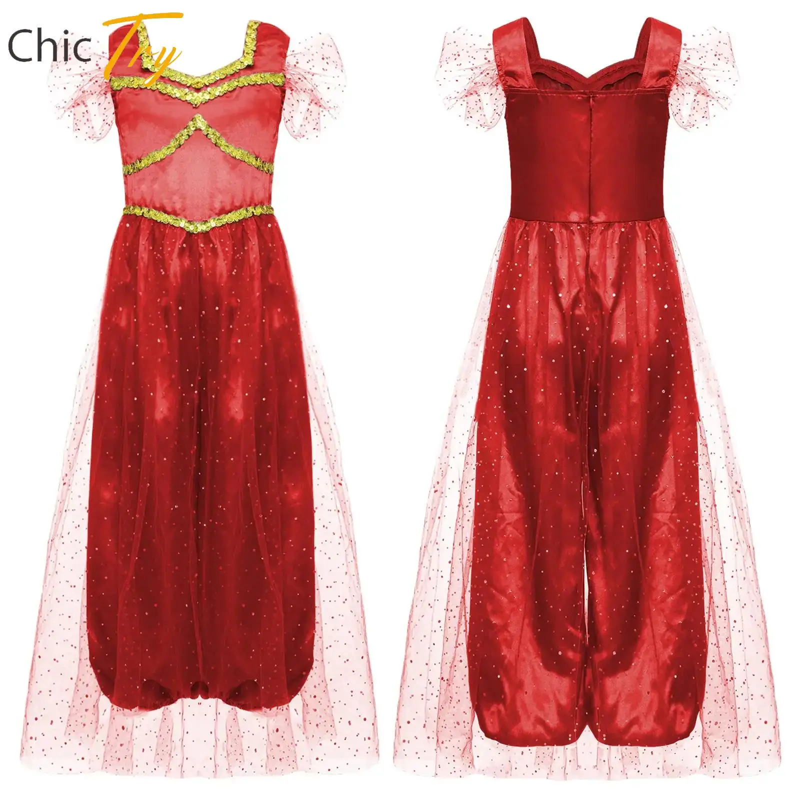 

Girls Halloween Arabian Princess Cosplay Costume Shiny Sequin Bodysuit Carnival Circus Show Jumpsuit for Stage Performance Wear