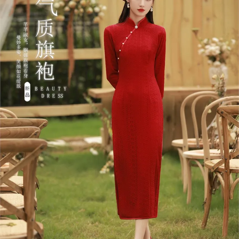 Improved Chinese cheongsam for wedding and engagement red bride's toasting dress elegant long-sleeved