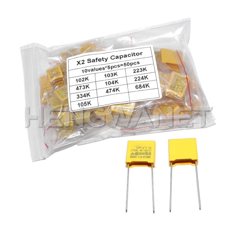 50pcs/Lot Polypropylene Film X2 Safety Capacitor Assorted Kit 275VAC 10Values Each 5pcs 1NF - 1UF