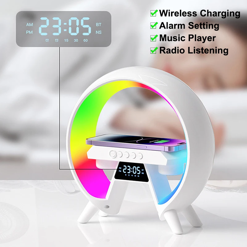 Intelligent Bluetooth Audio Wireless Charger For iPhone Samsung Xiaomi Huawei Alarm 10W LED RGB Night Light Fast Charging Statio