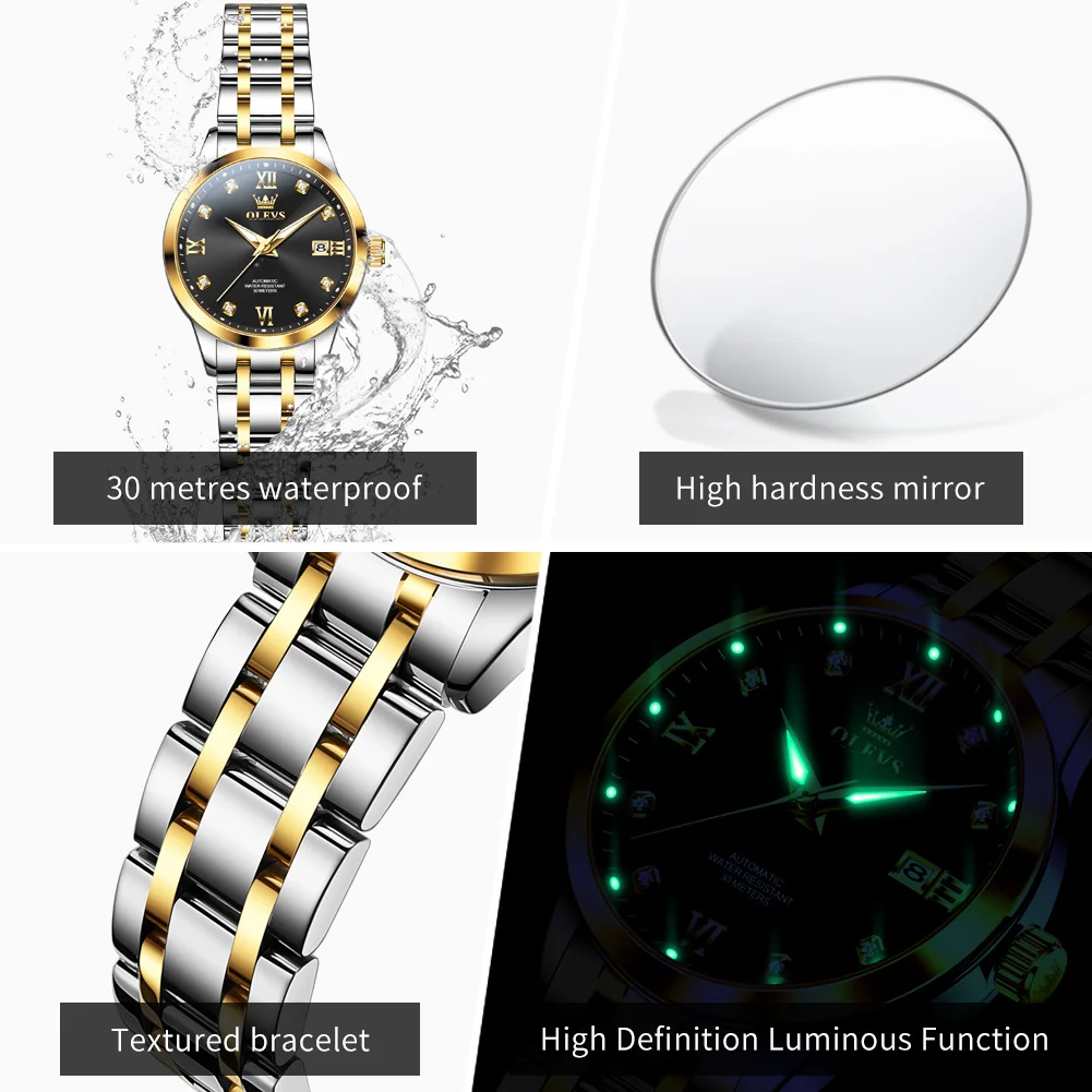 OLEVS 9946 Automatic Woman Watch Auto Date Waterproof Luminous Steel Strap Women's Mechanical Wristwatches Elegant Ladies Watch