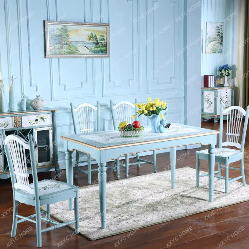 Rustic mediterranean 1.5m dining table wholesale factory rectangular painted 1.2m dining table and chairs
