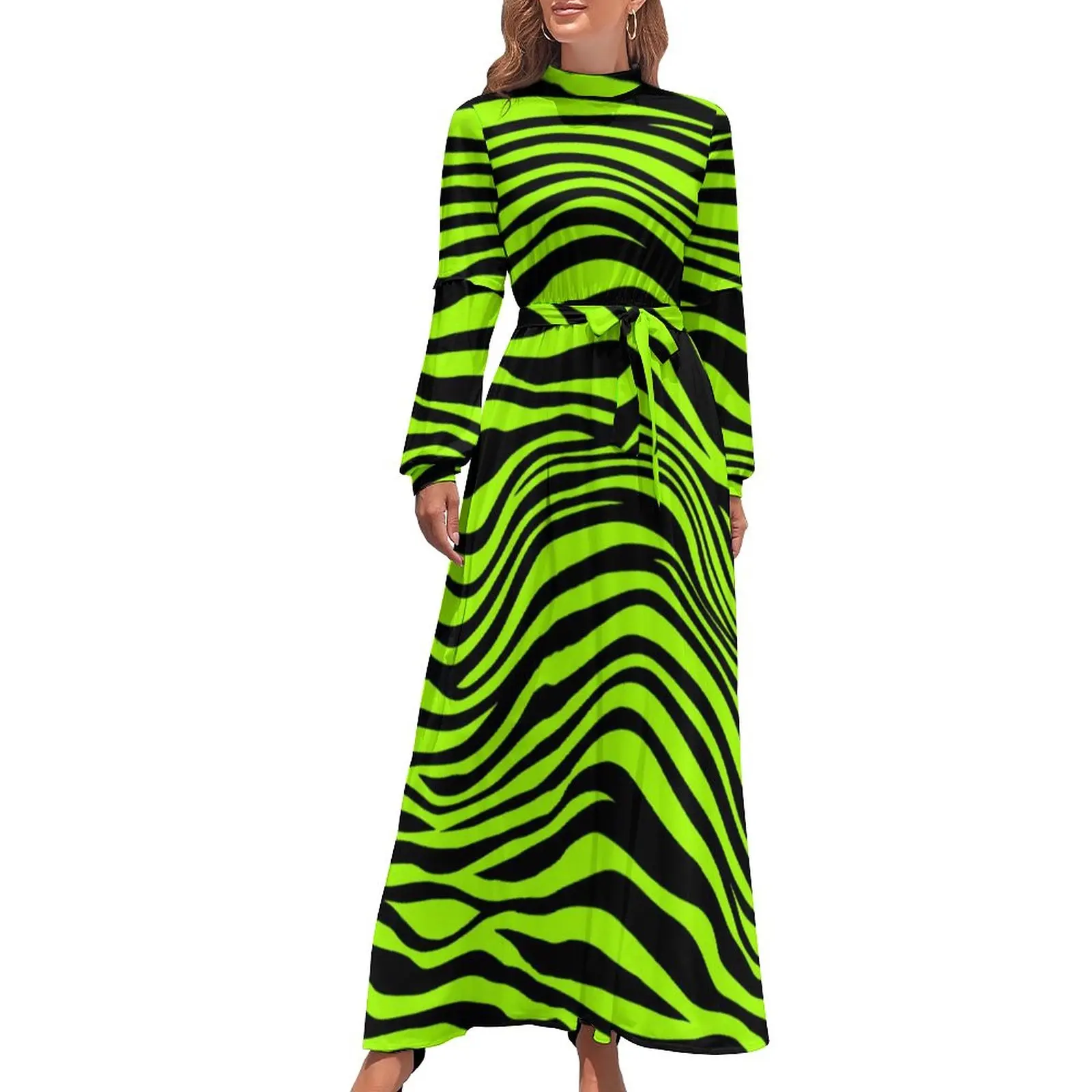 

Green Tiger Print Dress Funny Animal Kawaii Graphic Maxi Dress High Waist Long Sleeve Streetwear Bohemia Long Dresses