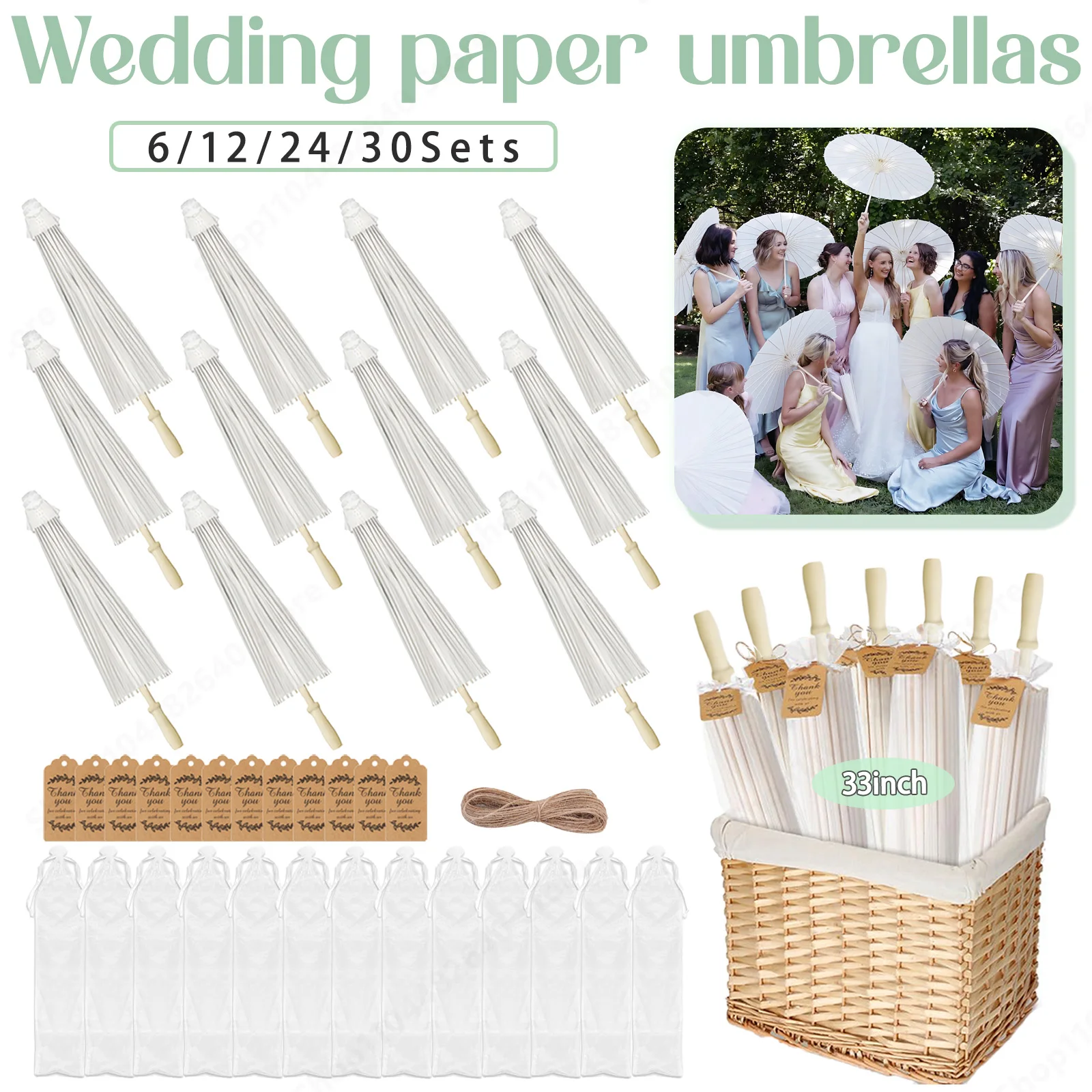 

6-30Sets 33inch Paper Umbrellas for Wedding Parasol White Paper Parasol Umbrella Decorative Gift for Wedding Photography Props