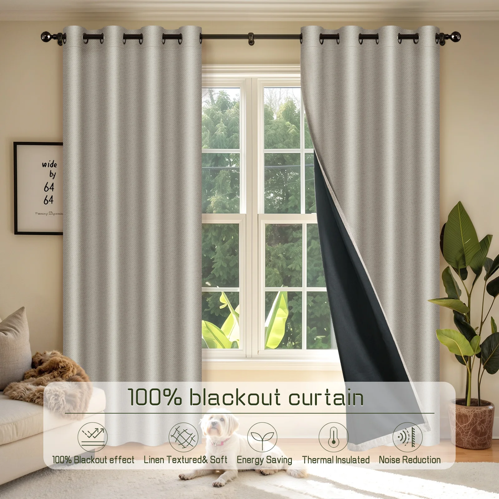 

100% Privacy Blackout Curtains 2pcs Grommet Linen Textured Thermal Insulated Curtain For Living Room Bedroom Drapes