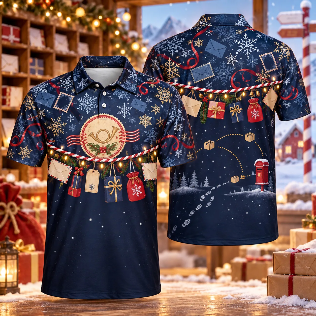 Men's Christmas Polo Shirt North Pole Post Office 3D All Over Print Short Sleeve Holiday Party Golf Top