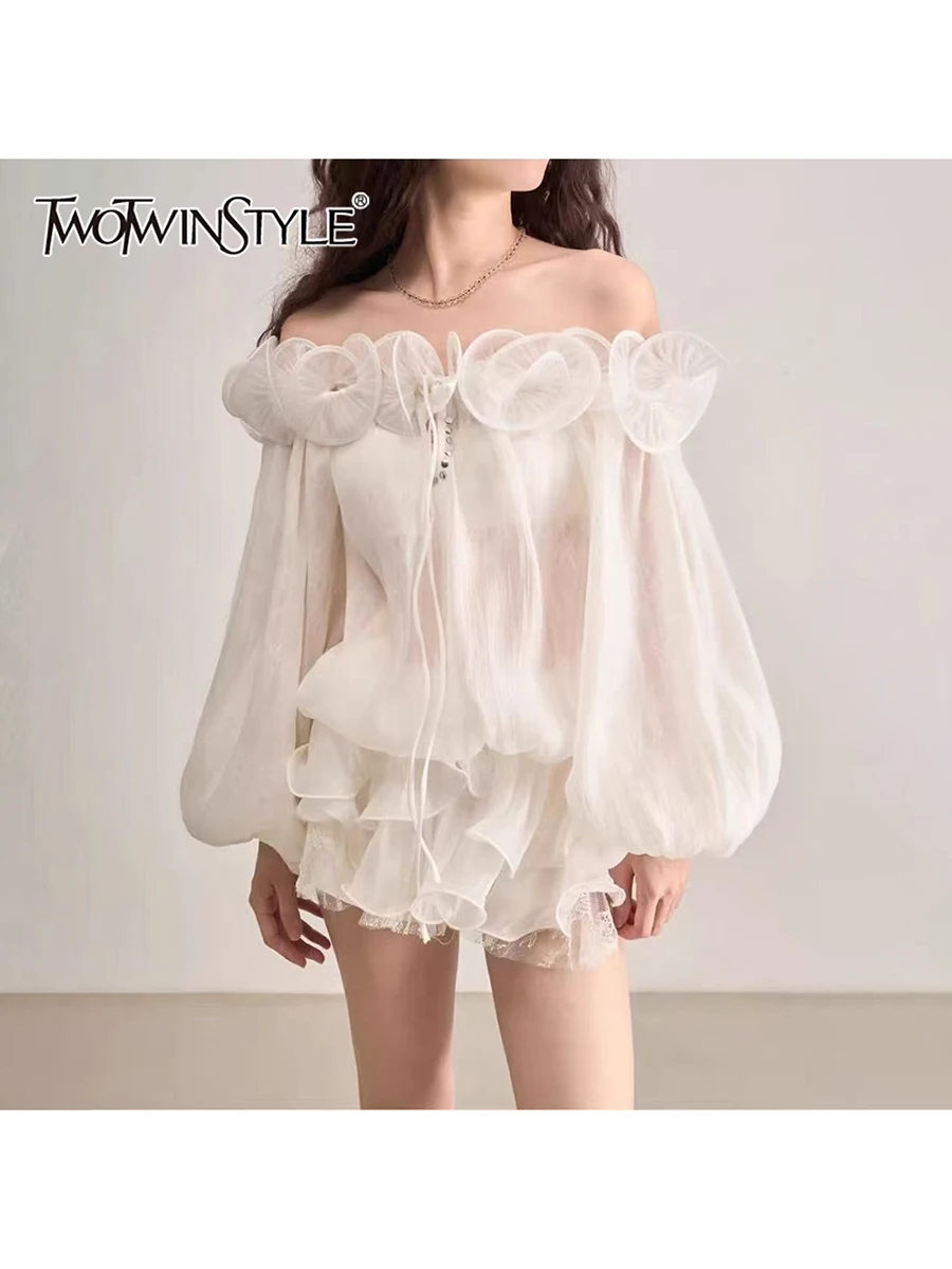 

TWOTWINSTYLE Sheer Spliced Ruffles Folds Mini Dresses for Women Slash Neck Long Sleeves Elegant Dress Female Fashion Clothing
