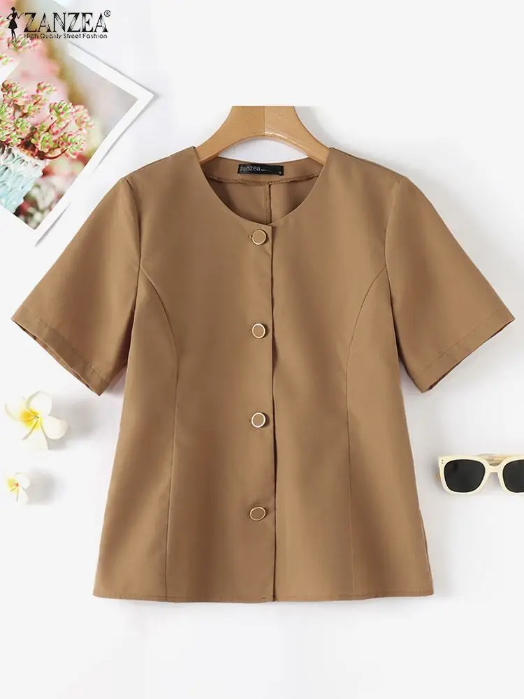 ZANZEA Elegant Button Up Blouses Solid O Neck Summer Casual Shirts Femininas Women Korean Fashion Short Sleeve Commute Camisas