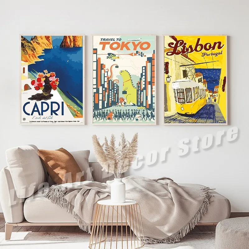 خمر طوكيو الدنمارك نيوزيلندا مصر كابري السفر المشارك وطباعة قماش اللوحة الرجعية جدار صورة فنية لغرفة ديكور المنزل