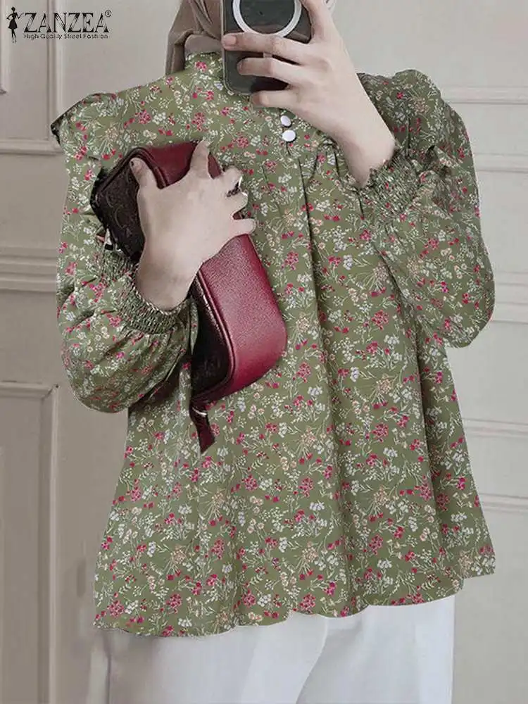 

Bohemian Floral Printed Holiday Ramadan Turkey Shirt ZANZEA Women Muslim Blouse Autumn Long Sleeve Ruffles Tops Islamic Clothing