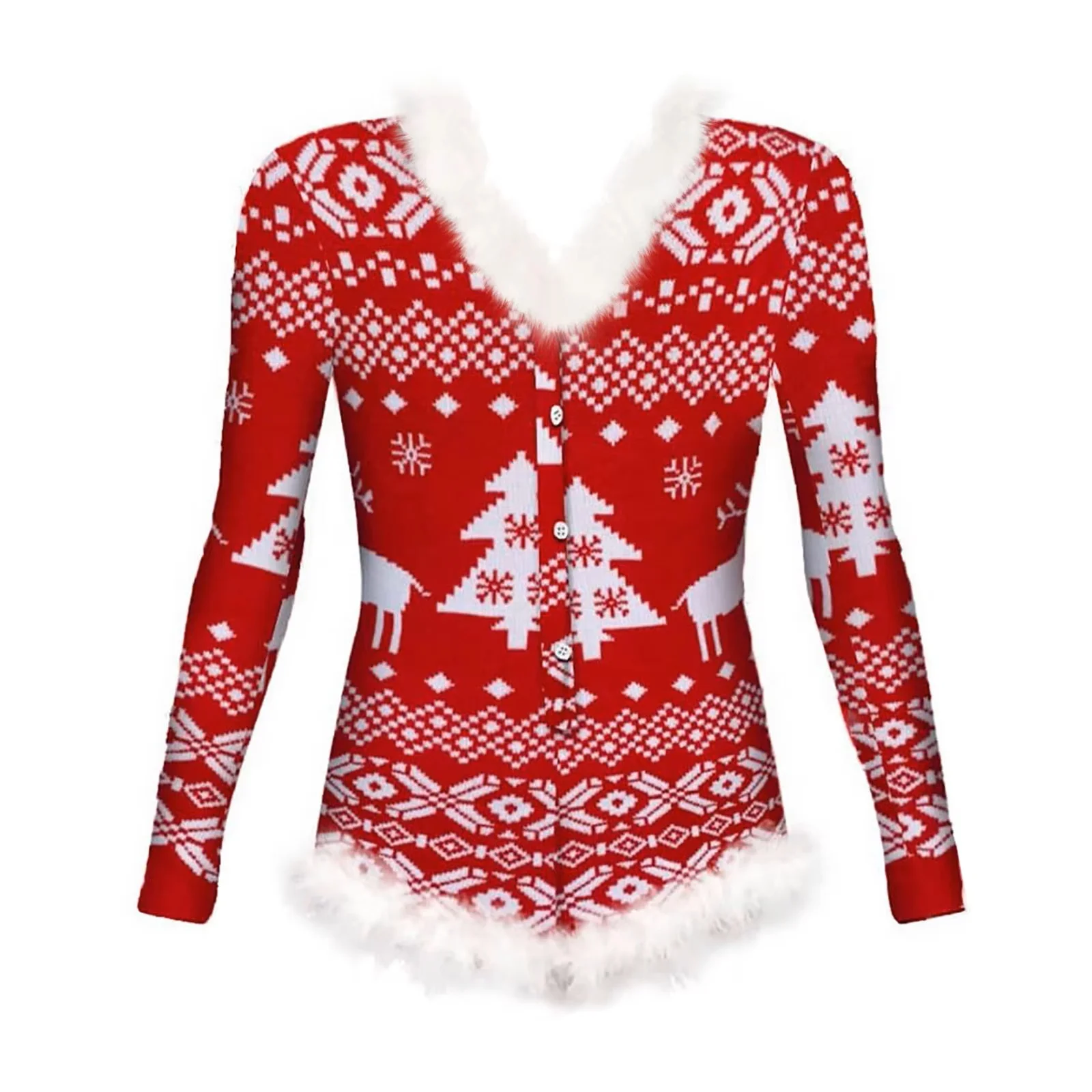 

Women Christmas Onesies Pajamas Sexy Sleepwear Romper Jumpsuit Xmas Sexy Print Feather Trim Pyjama Long Sleeve Nightwear
