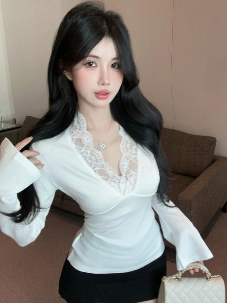 

Pure Desire Sexy Lace Trim V-Neck Long Sleeve T-Shirt Korean Style Gentle Base Layer Slimming Inner Wear Top for Women