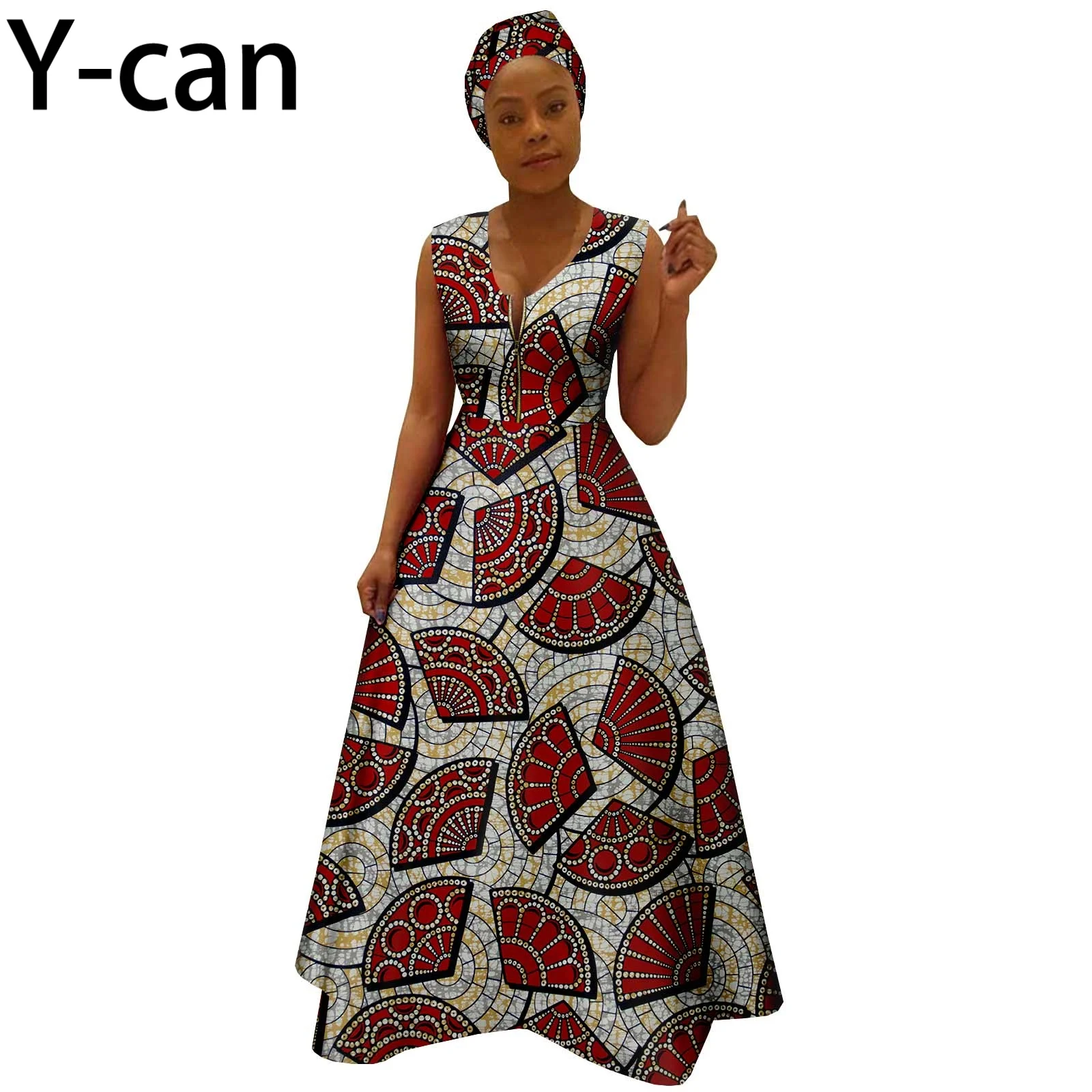 Afrykańskie sukienki dla kobiet Sexy Vintage Summer V-neck Dashiki Print Sleeveless with Headwrap Bazin Riche Party Vestidos Y 2225019