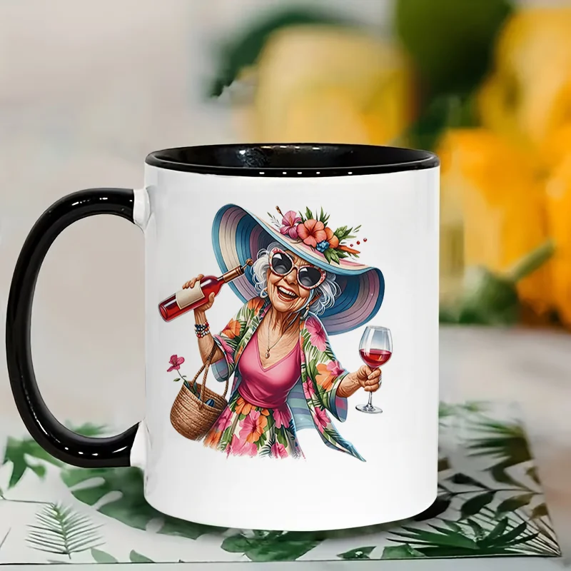 Elderly Lady With Wine Glass And Hat Colorful Print Ceramic Coffee Mug, 11oz 350ml Personalized Custom Mug, Microwave Safe Cute
