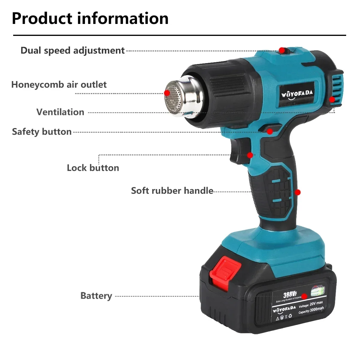 Imagem -03 - sem Fio Pistola de Calor Profissional Pistola de ar Quente Temperatura Ajustável para Faça Você Mesmo Decapagem Pintura Encolhendo para Makita 18v Bateria 18v