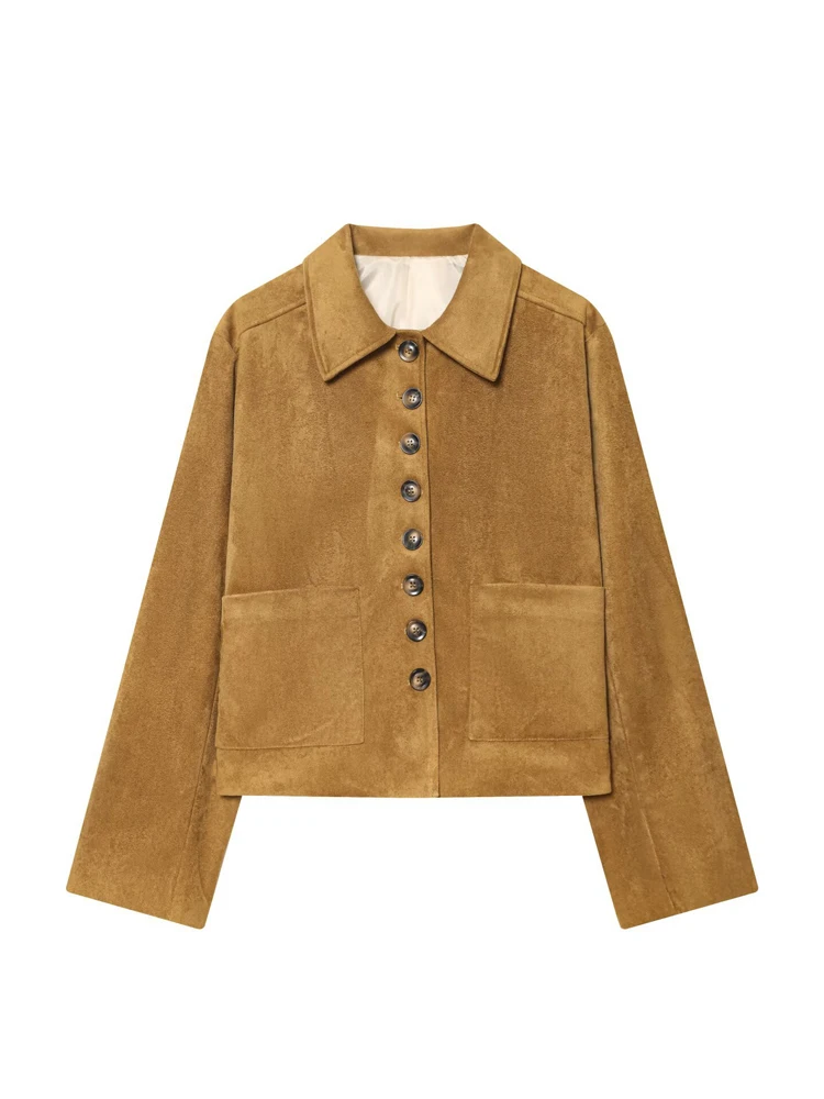 Damen Elastische Wildlederjacke mit Kordelzug in Braun, Modische Jacke mit Langen Ärmeln und Stehkragen, Locker Geschnittener Mantel für Frühling, Alltag und Streetwear 2026 – Detail 7