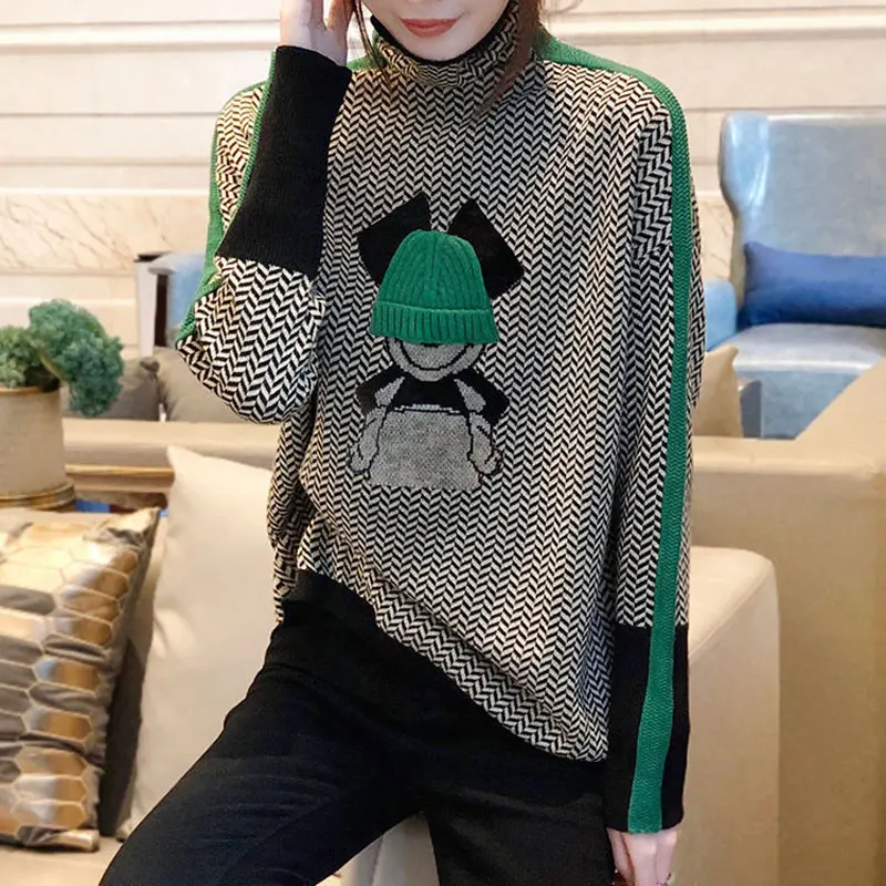 

Streetwear Cartoon Zigzag Printed Autumn Winter Pile Collar Tops Female Clothing Spliced Three-dimensional Decoration Pullovers