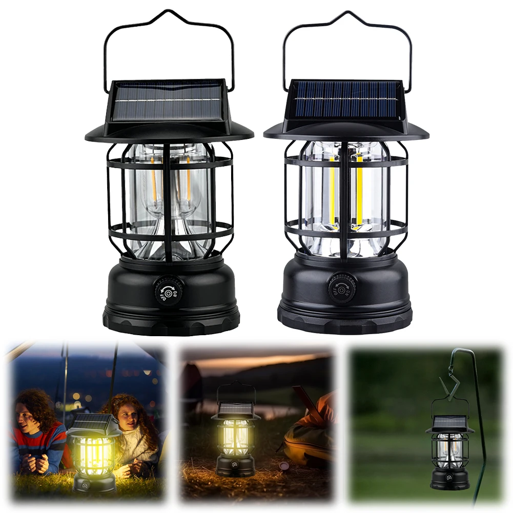 Solar Powered Outdoor Camping Lantern with Knob Vintage Camping Light Dimmable Handheld Camp Lamp for Hiking Emergency