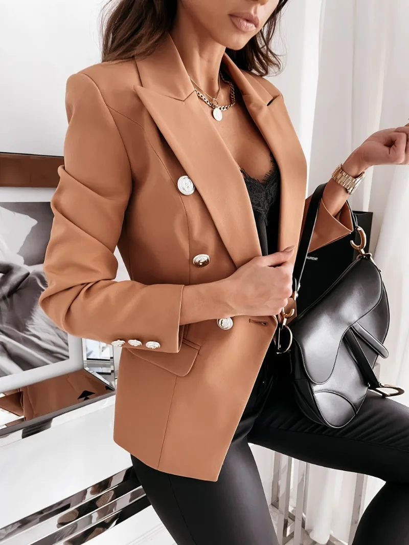 

Elegant Workwear Long-sleeved Double-breasted Suit Jacket with Lapel and Cufflinks Casual Sporty Women's Suit