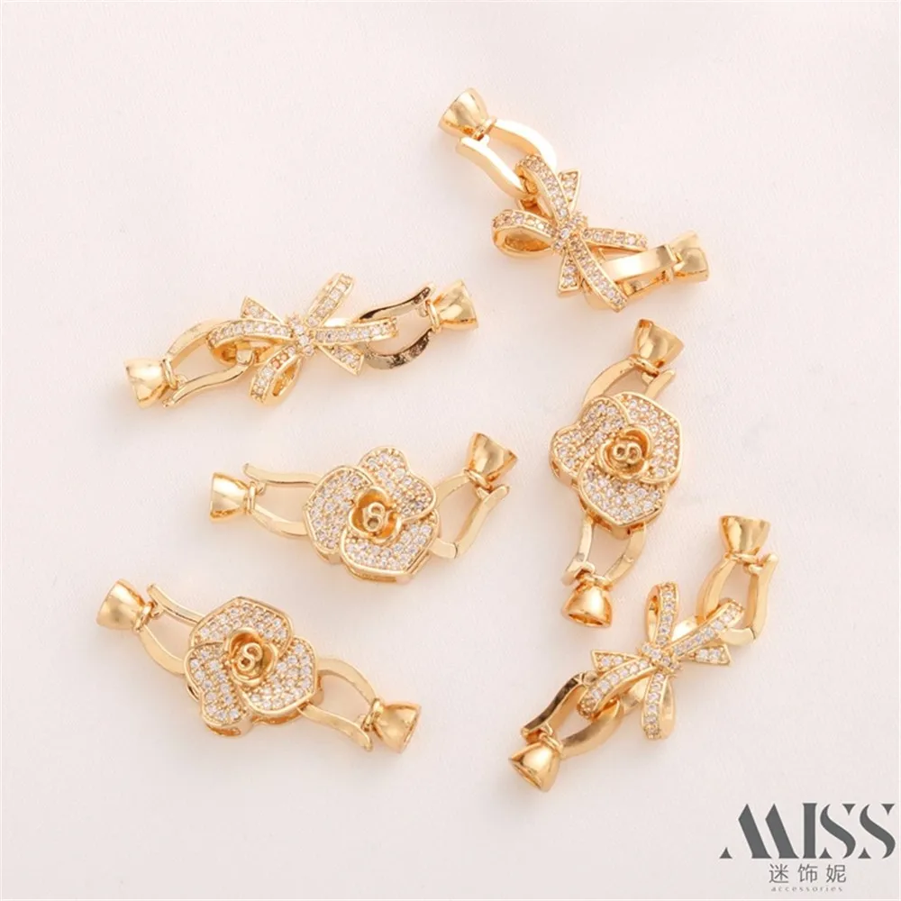 14K Color-preserving Zircon Camellia Rose Flower Bow Link Buckle DIY Braided Buckle Bracelet Necklace Accessories