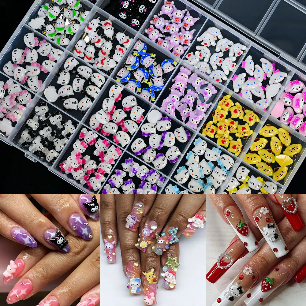 240pcs 24 Grid Mix Sanrio Nail Charms Colorful Hello Kitty My Melody Kuromi For Manicure DIY Nail Parts Y2K Cartoon Nail Jewelry