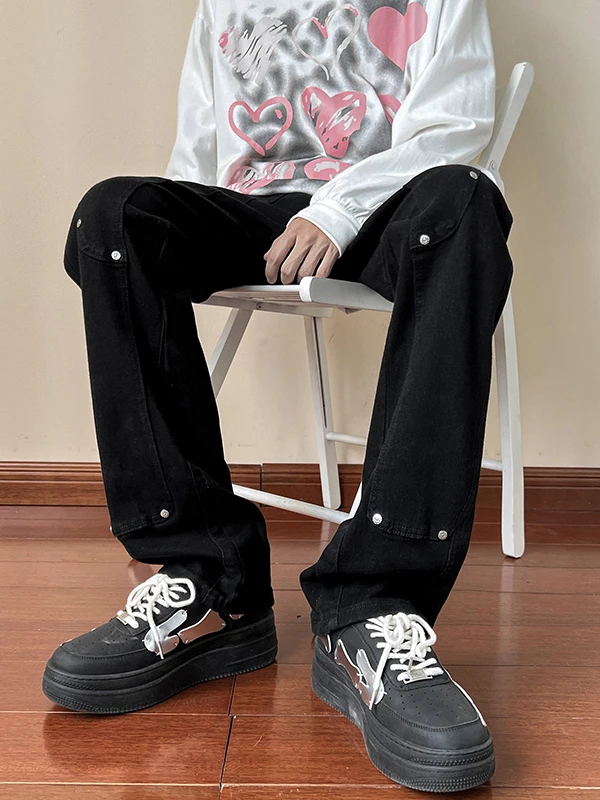 

Trendy High Street Men's Jeans Bla Retro American Sle Straight Leg Large Size Casual Pants Faion Urban Sle Spring Season