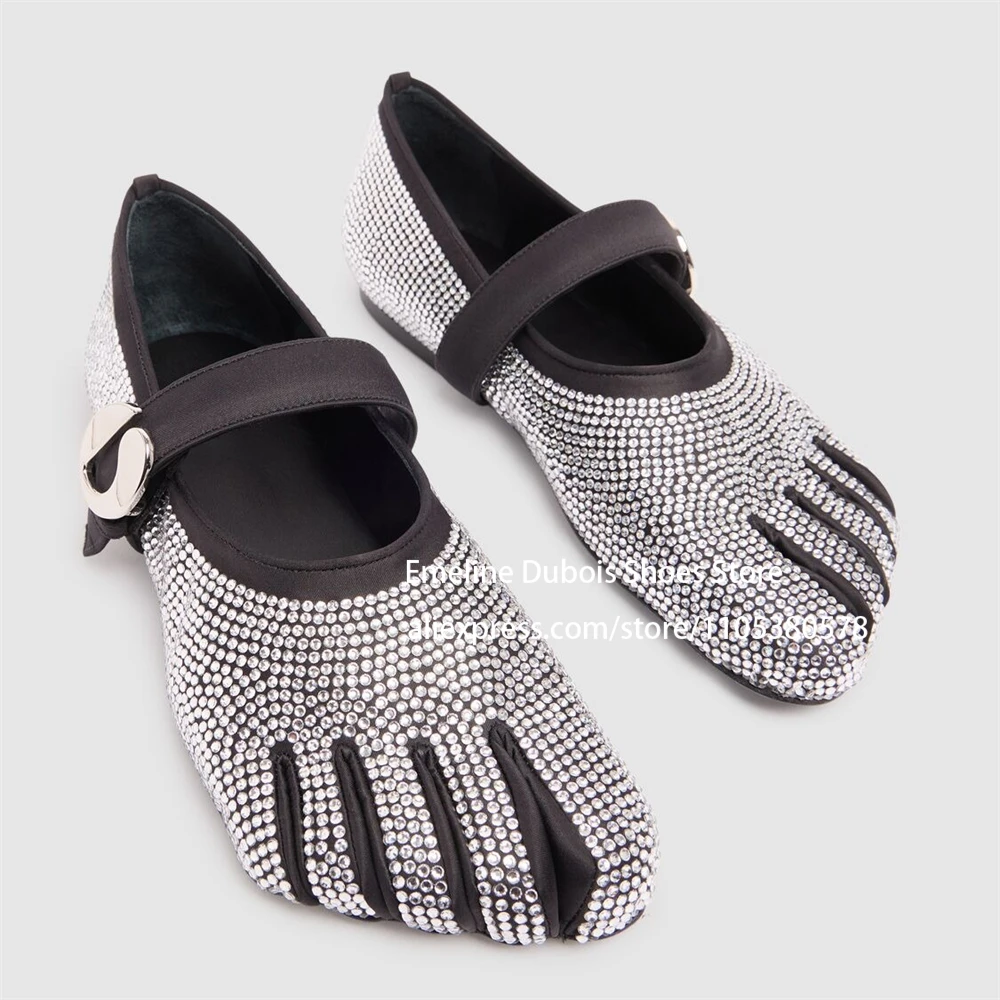 

Silver Rhinestone Five Finger Flats with Black Strap Buckle Mary Jane Style Comfortable Casual Shoes for Women Custom Color