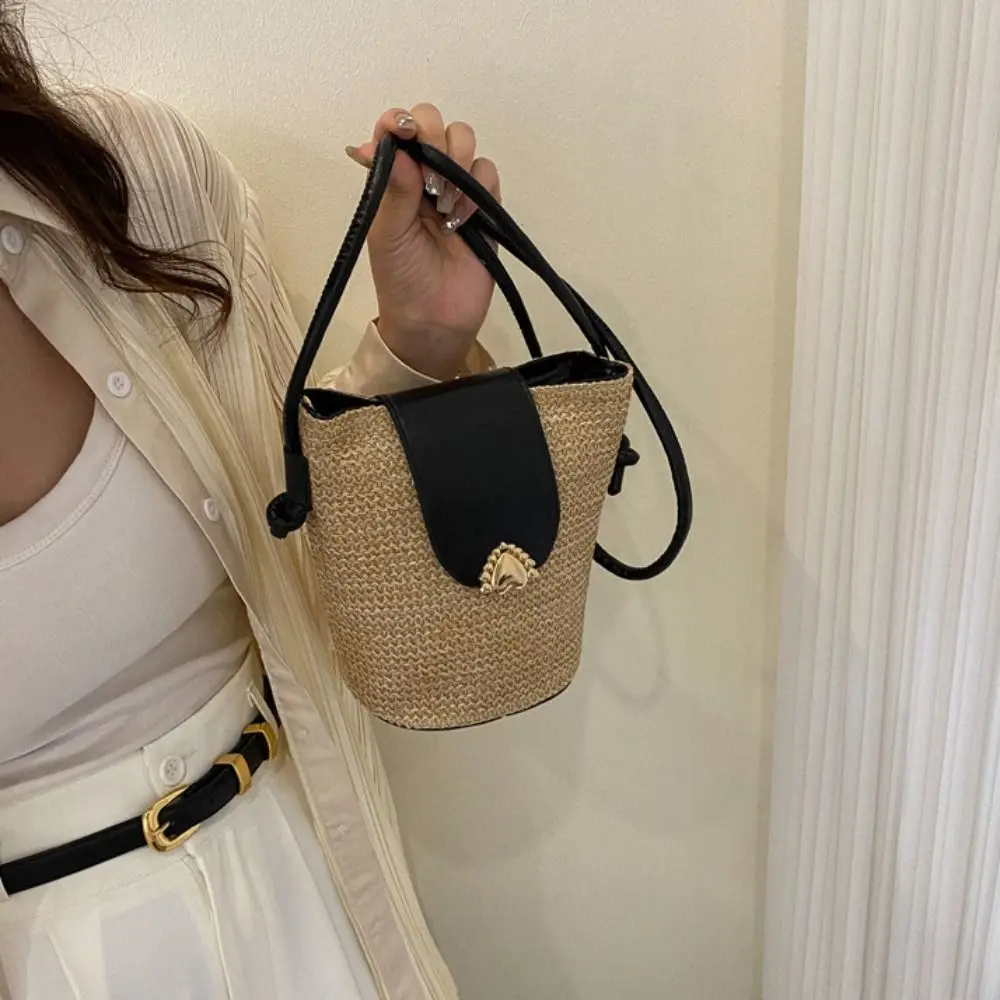 Korean Woven Straw Shoulder Bag Crossbody Bag Large Capacity Bucket Bag Summer Beach Handbags Purse Travel Shopper Bag for Women