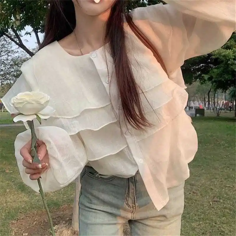 

Chic Purple Chiffon irt for Women Summer New Sle round Ne Long Sve Lantern Sve Pure Color Regenerated Cellulose F...