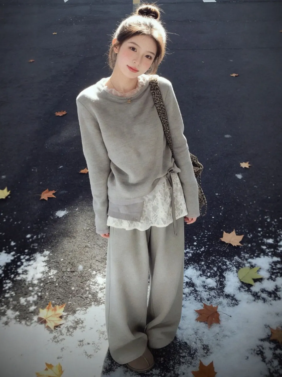 

Korean Sle Sweater High Waist Wide Leg Pants Two Piece Set Spring Faion Outfit Casual Comfortable Women's Ensemble