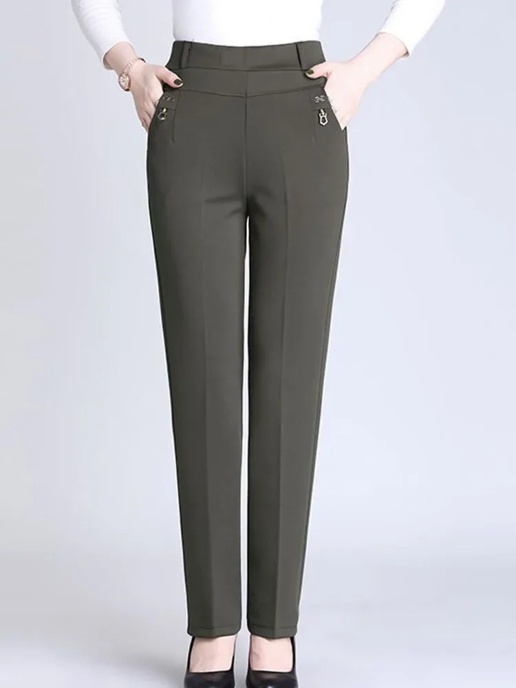 

Mom's Thicken Plush Pencil Pants Warm Office Plus Velvet High Waist Slim Pantalones Casual Elastic Straight Thick Trouser L352