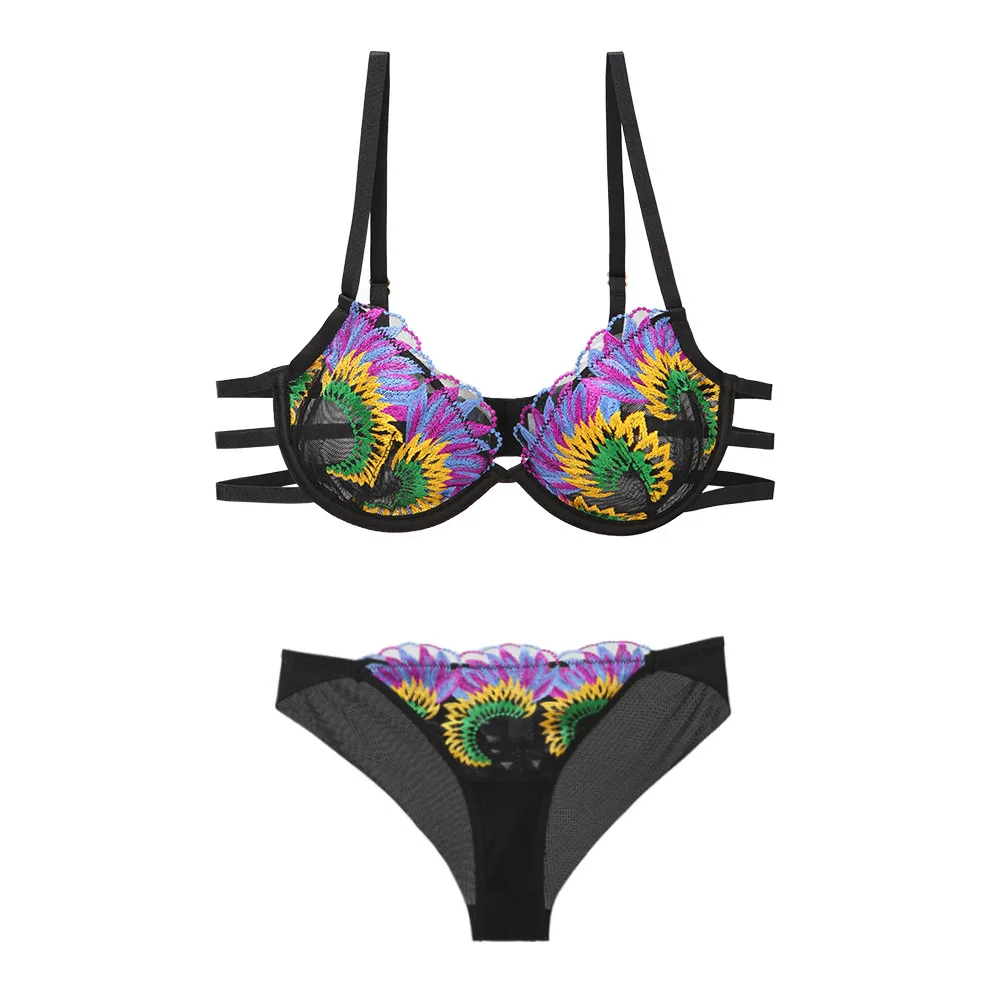 

Fashion Moon Flower Comfortable Lingerie Panties Briefs Set Cup Inner Mesh Micro-Surface European and American Style Sexy Bra