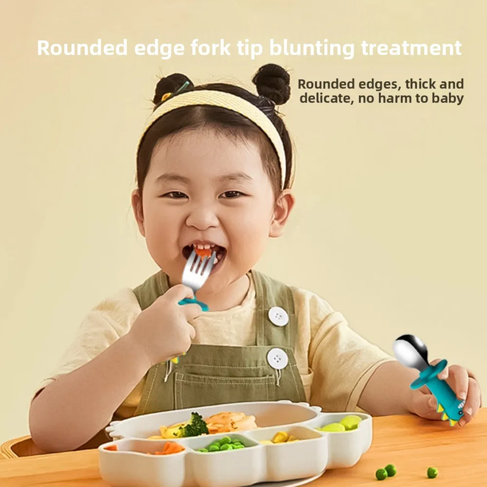 

316 Stainless Steel Fork and Spoon Baby Silicone Spoon Baby Cartoon Food Supplement Training Short Fork and Spoon Children's