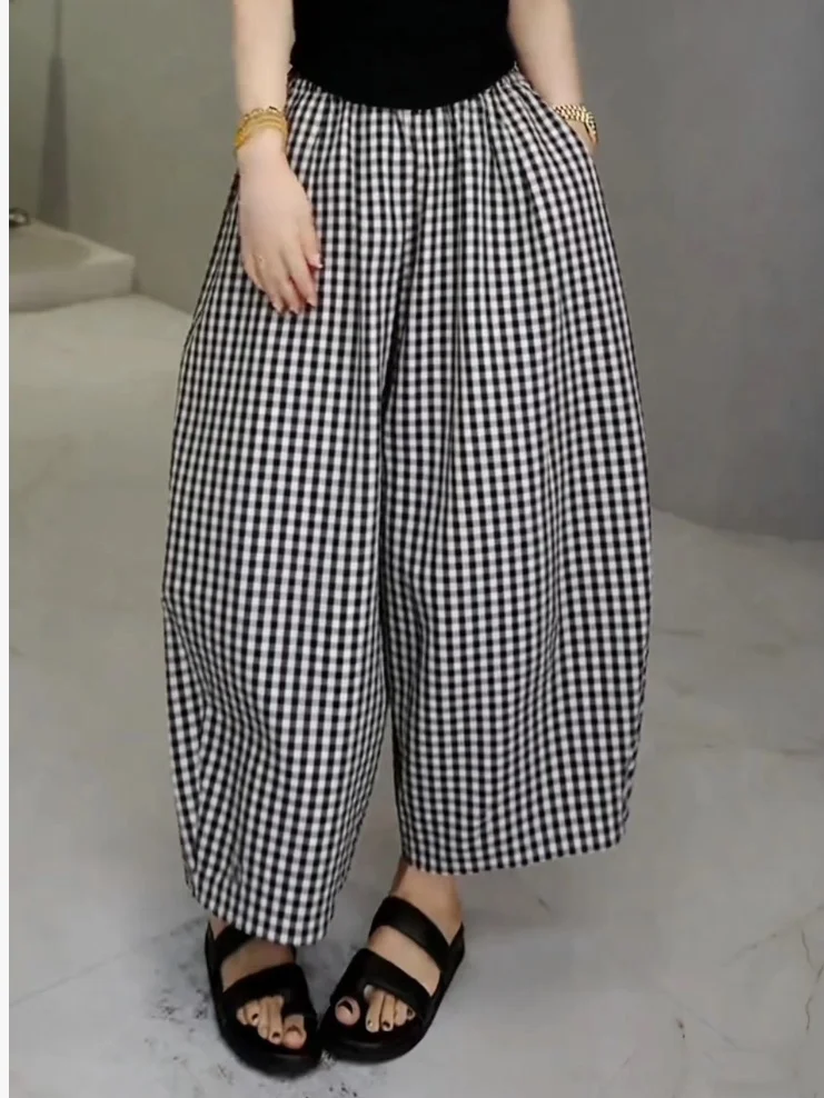 Japanese Style High Waist Wide Leg Pants Women's Loose Lazy Style Elastic Waist Casual Trousers Summer 2026 Checkered Nine Po...