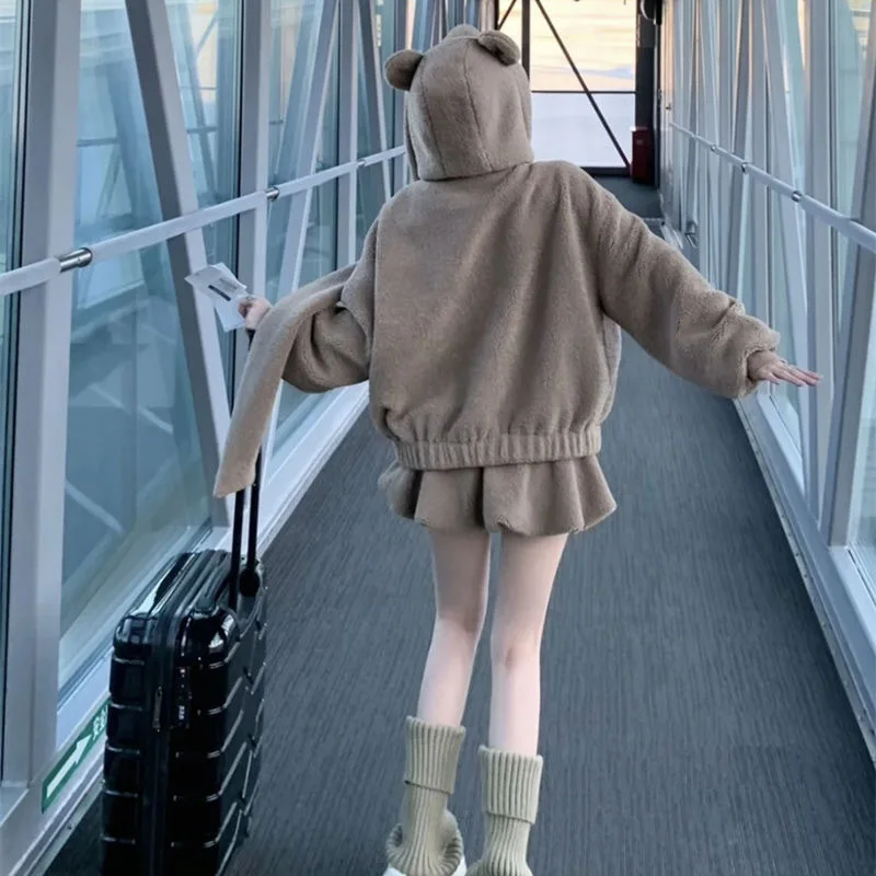 

Autumn Winter 2025 Loose Hooded Lamb Wool Coat and Flower Bud Short Skirt Plush Two-piece Set for Women