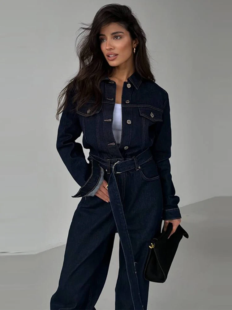

2026 Spring Autumn Chic Streetwear Lady Casual Denim Jumpsuit Women Turn-down Collar Lace Up Full Sleeve Long Jumpsuits Female