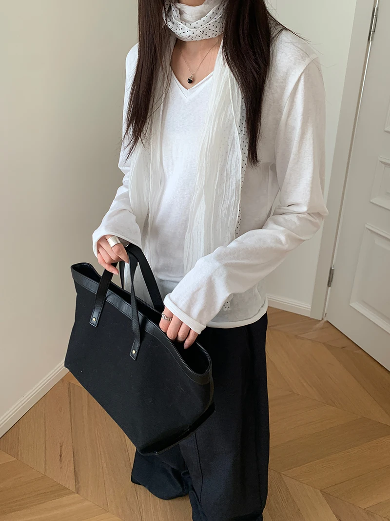 Autumn women's casual solid color curled edge slim fit V-neck long sleeved T-shirt