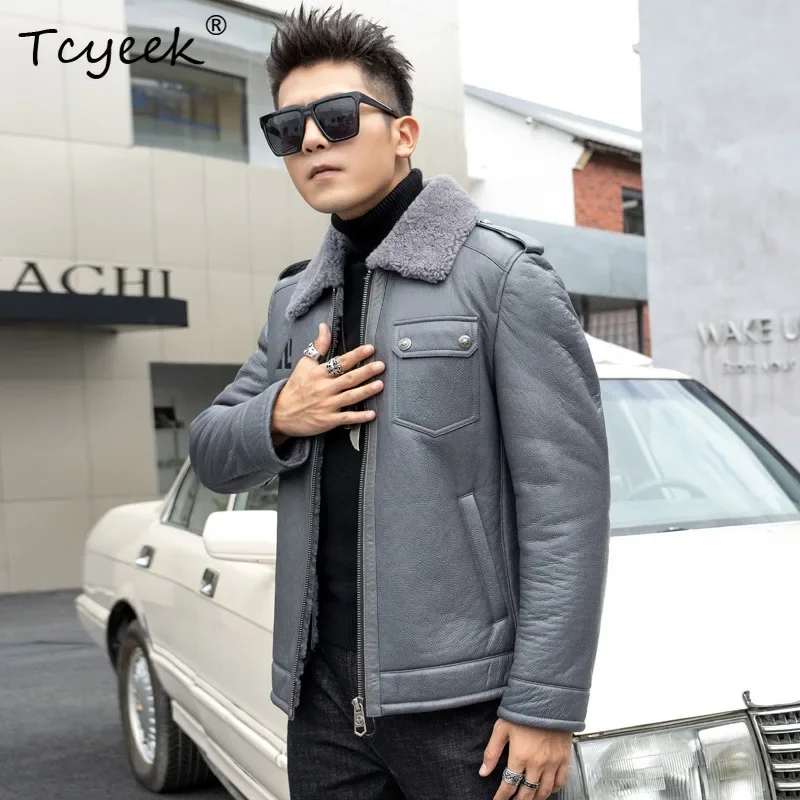 Tcyeek หนังแกะจริงขนสัตว์ CoatsMotocycle แจ็คเก็ตของแท้หนังแจ็คเก็ตขนสัตว์ธรรมชาติผู้ชายฤดูหนาวเสื้อผ้าМуж