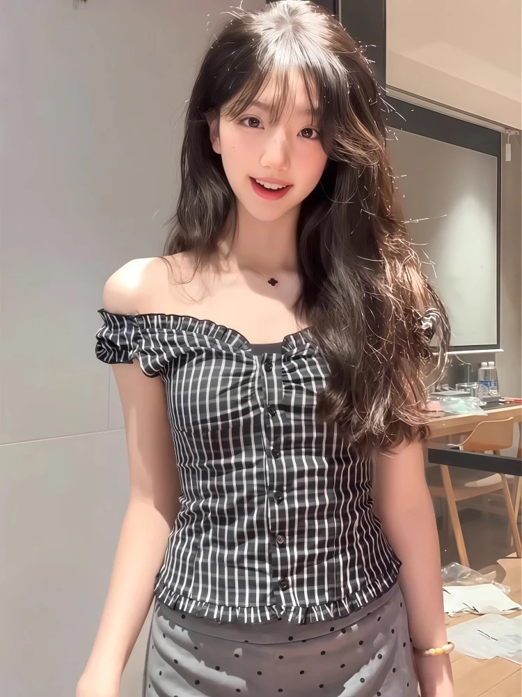 

Retro Korean Plaid One-oulder ort irt Women's Summer Two-Way Wear Slimming Spicy ort Top Commute Sle Faion