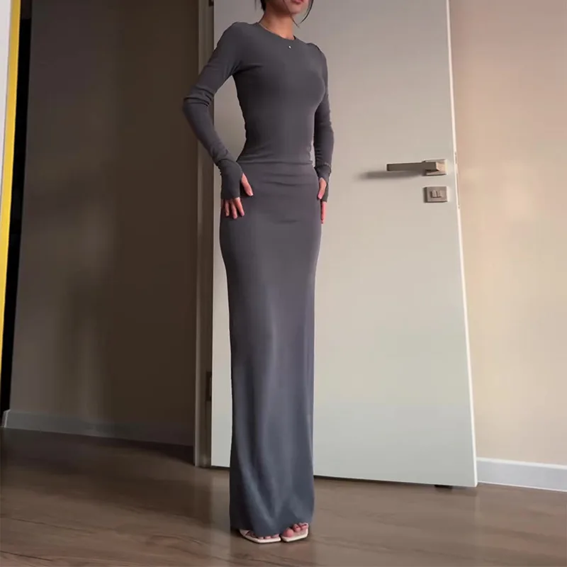 

2025 New Style Fashion Solid Simple Round Neck Figure-flattering Package Hip Skirt Dress Long Sleeve Ling Dress for Women