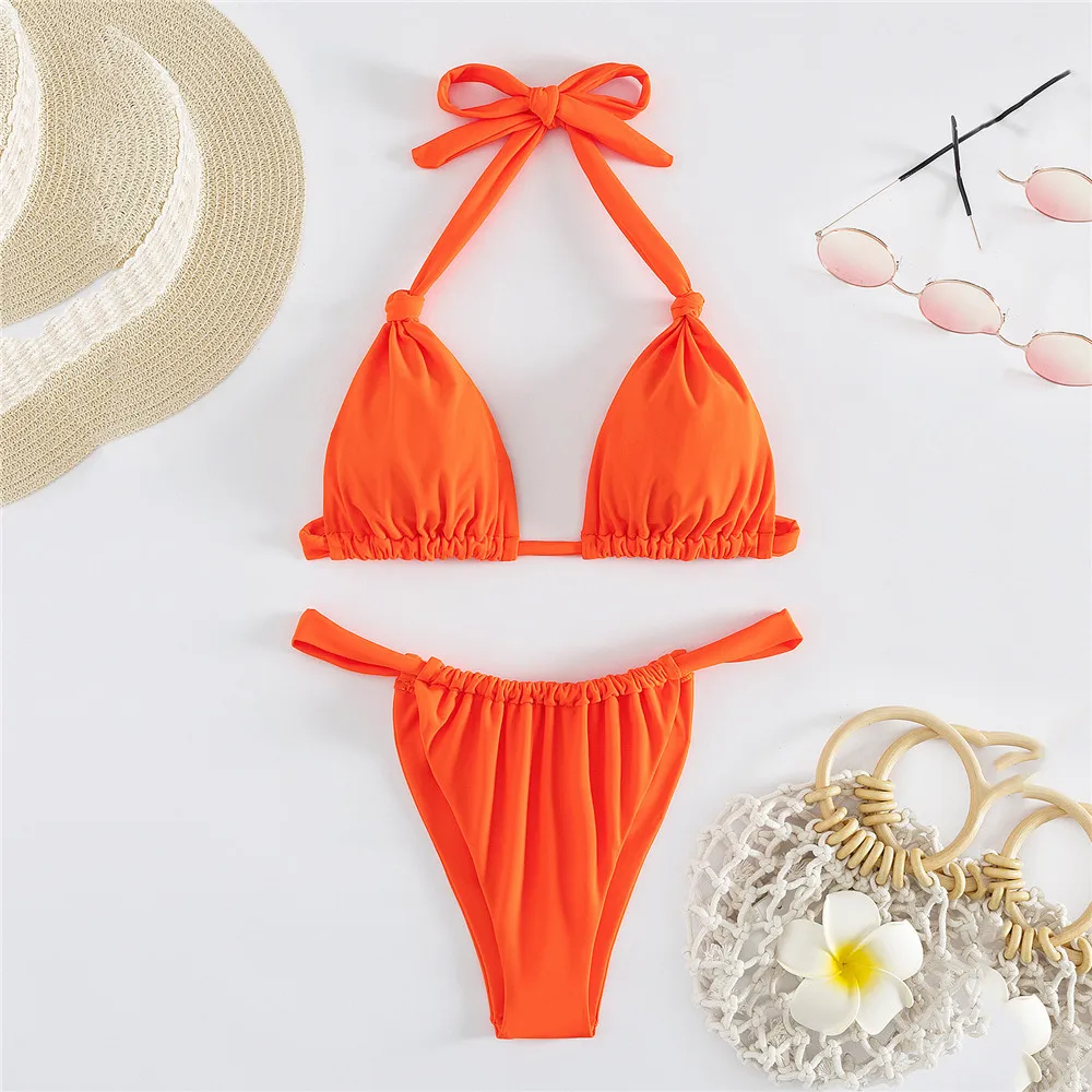 Orange Knotted Ruched Swimwear Halter Triangle Bikinis Sets Sexy Swimsuit Women Micro Thong Bathing Suit Biquinis Beachwear Swim