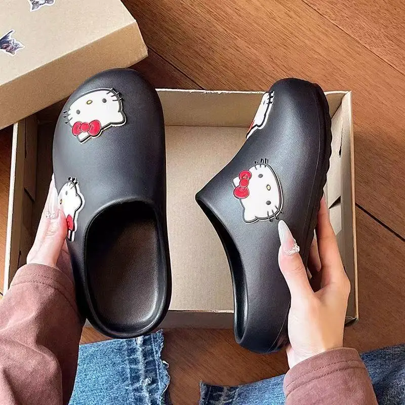 

real photo 2026 summer new Sanrio hello kitty caroon cute lovely red bow good quality women girls black beige brown beach flats