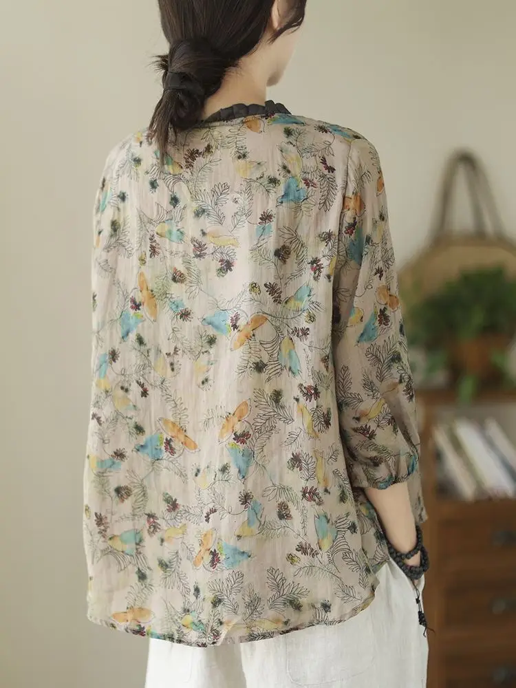 Loose Fit Cotton Linen Seven Sve irt Women's Vintage Print V Ne Slimming Casual Faion Commute Sle Summer irt