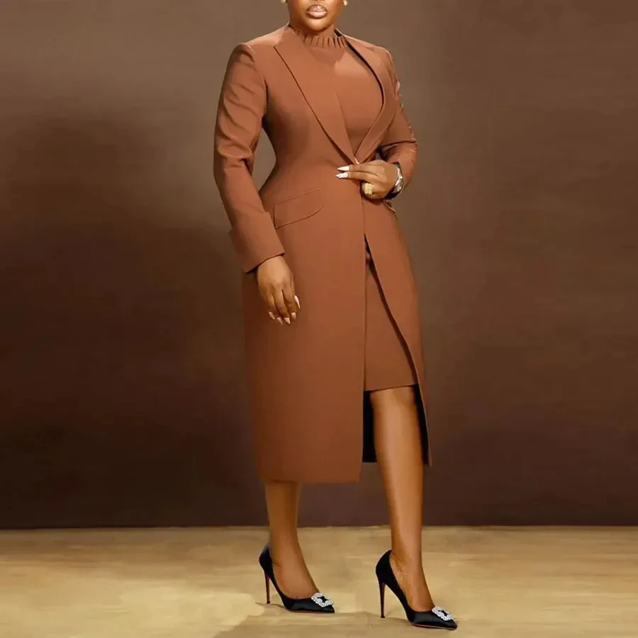 

BWQ Women's Set Full Sleeve Long Blazer Coat+ Long Dress Suit Winter Streetwear Two 2 Piece Set Africa OL Work Outfits