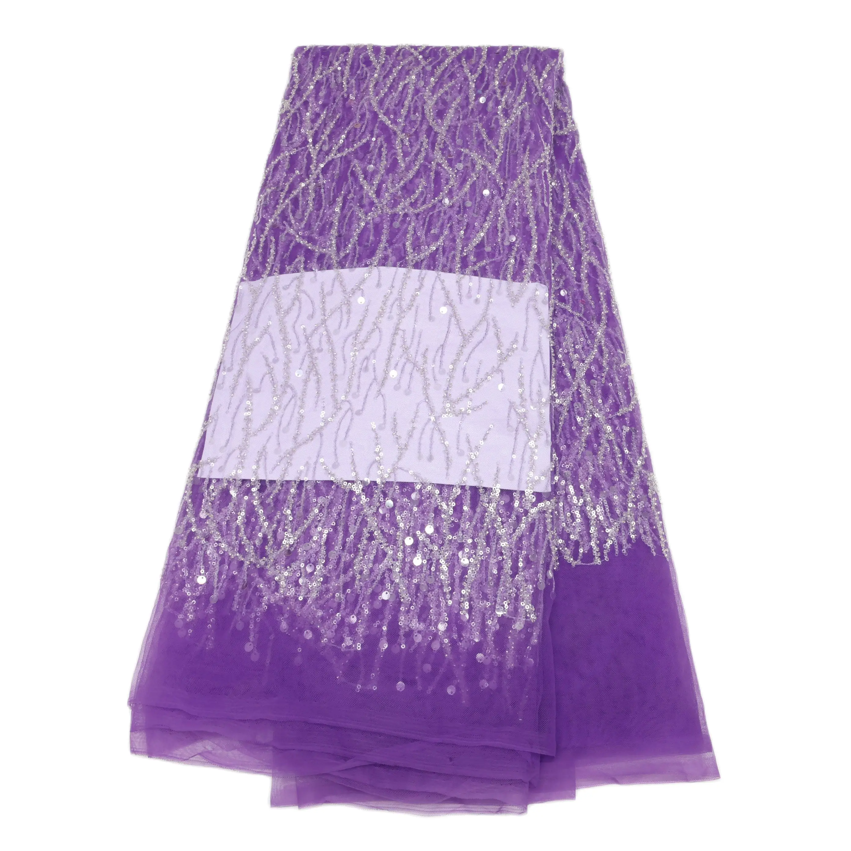 Tissu africain en dentelle à paillettes pour la fête nigériane, broderie de haute qualité, maille de tulle français, violet, 5 yards/lot