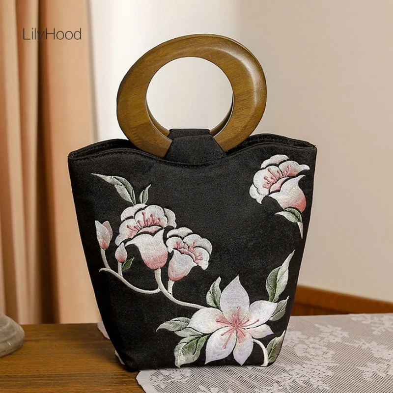 Women Vintage Floral Embroidery Wooden Handle Handbag Big Capacity Medium Size Fabric Chinese Style Evening Designer Tote Bag